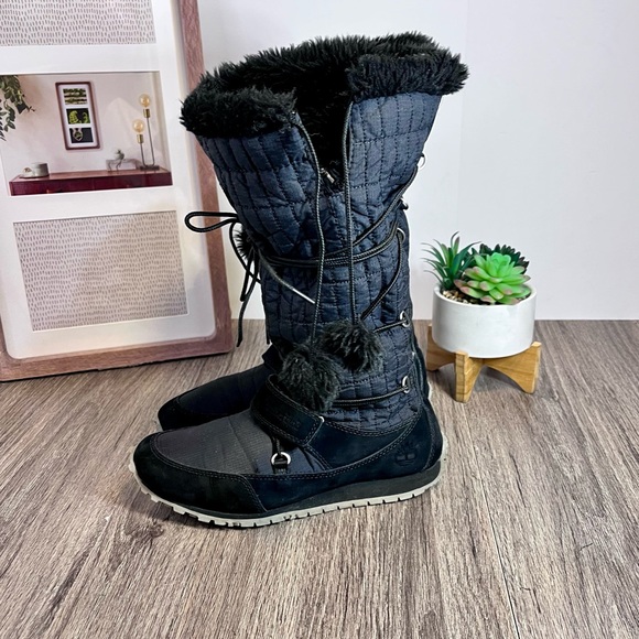 *🎉 HP 🎉Timberland | Black Leather Lace Up Fur Trim Mid-Calf Winter Boots S 7 - Picture 7 of 14